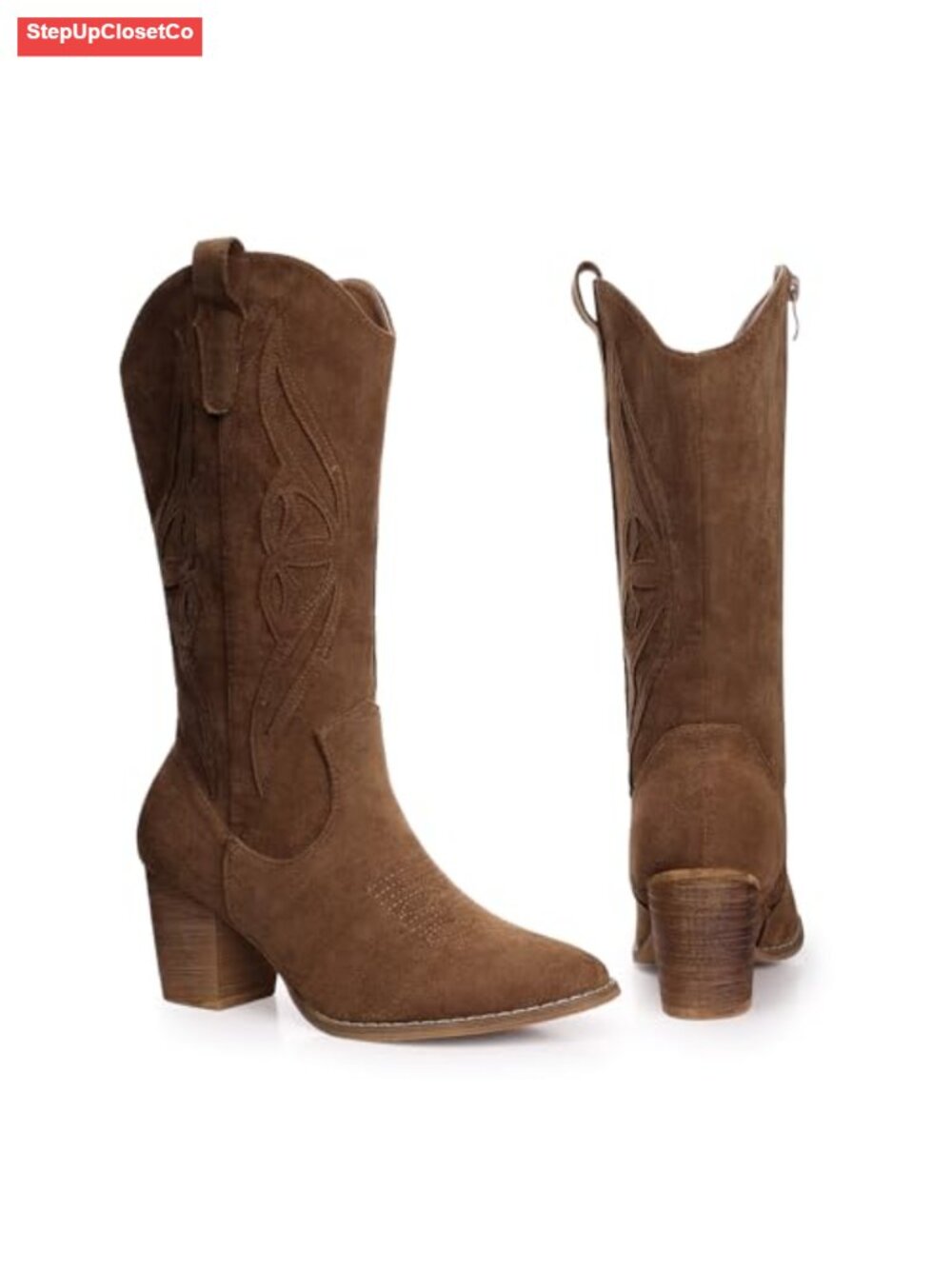 Suede Mid Calf Cowboy Boots Pointed Toe Chunky Heel Western Embroidered - Picture 4 of 6